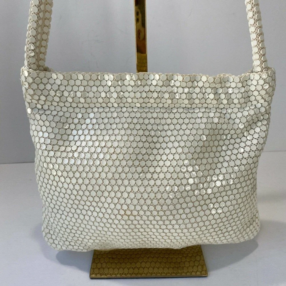 Vintage Handmade White Sequin Mesh Shoulder Bag Purse Hinged Opening